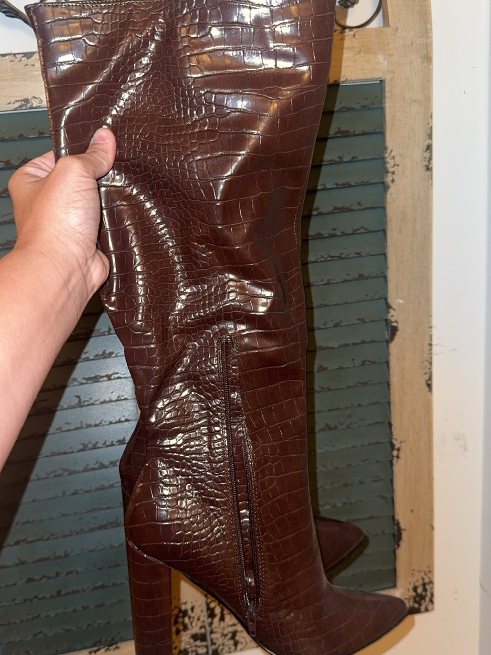 Fashion Nova Brown Croc-Embossed Over-the-Knee Heel Boot